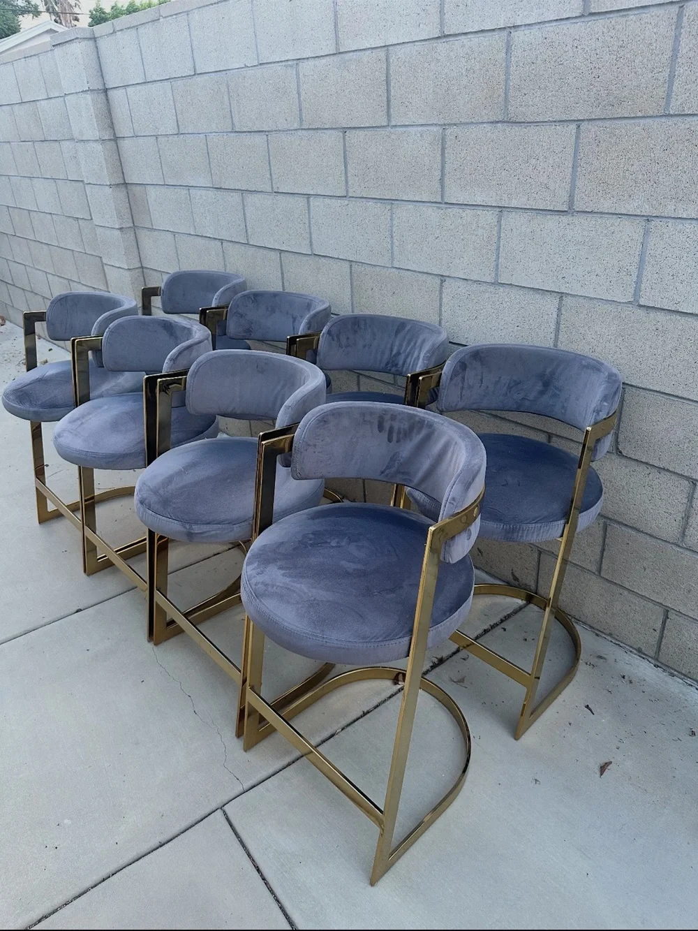 Velvet Curved Bar Stool with Gold Metal Frame - Gray
